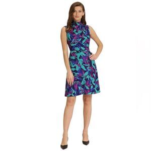 Maggy London Tropical Print High Neck Fit & Flare Dress Purple Green Blue 10 NWT